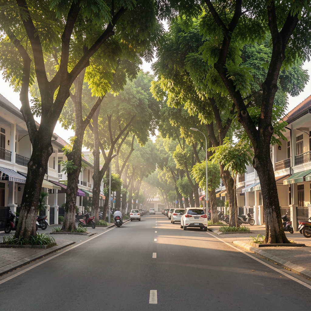 Quiet Jakarta street near Menteng with mature trees and morning light