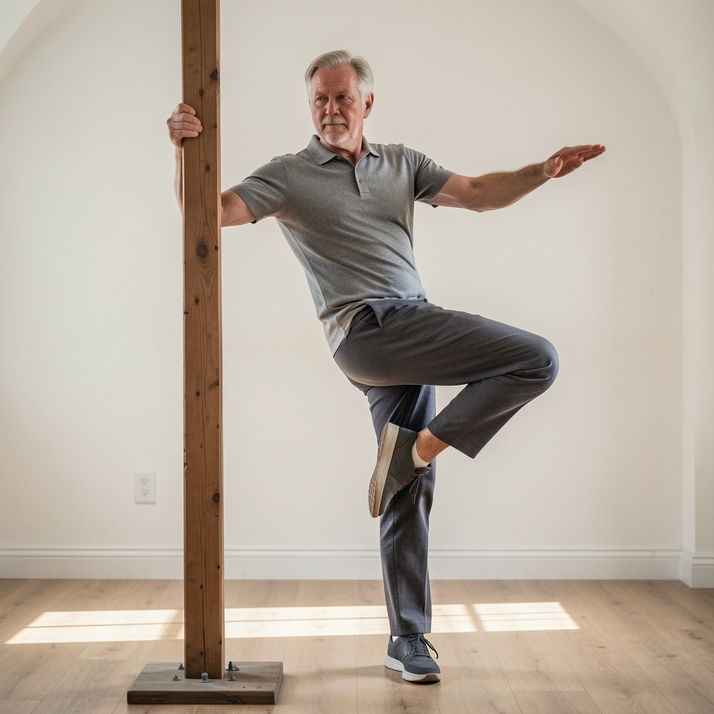 Mature man practicing single-leg balance beside a stable support