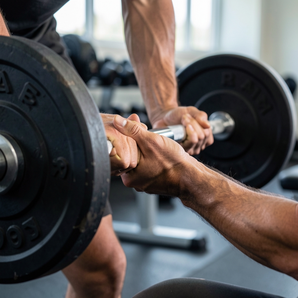 Close view of hands and textured barbell during a controlled strength session