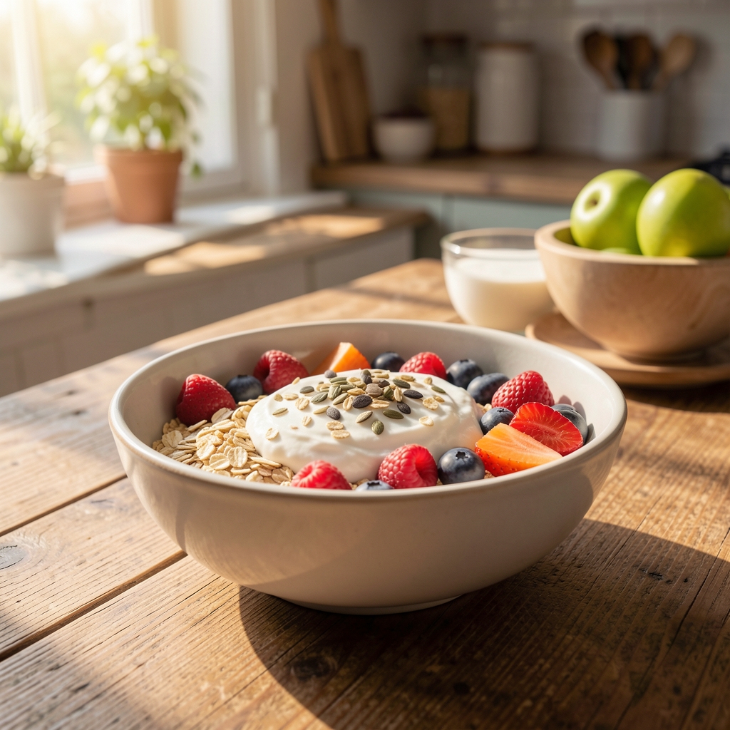 Balanced breakfast bowl with oats fruit yogurt and seeds on a sunlit kitchen table