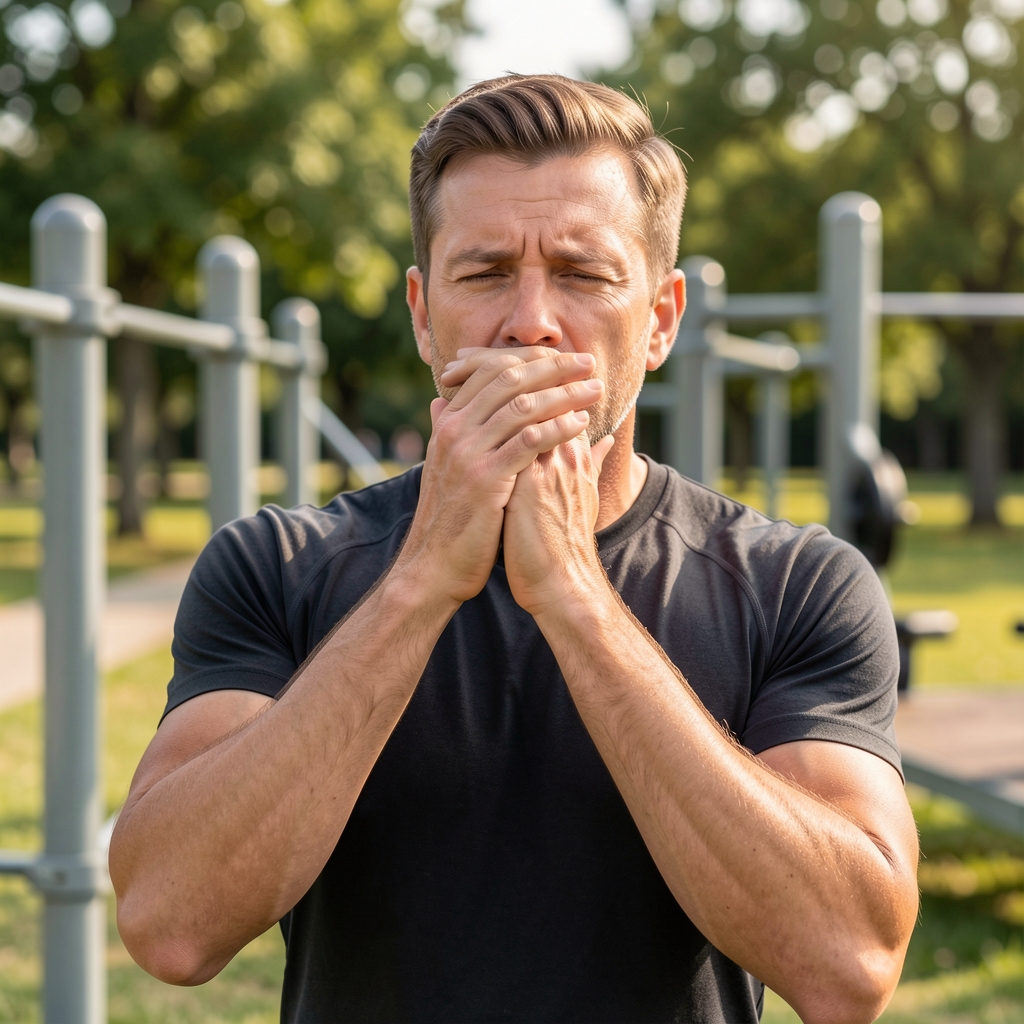 Adult man practicing measured breathing before a cardiovascular training session outdoors