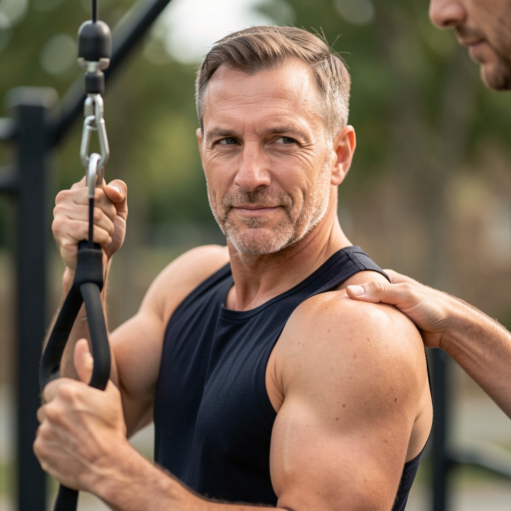 Trainer observing the shoulder position of a mature man during a cable exercise