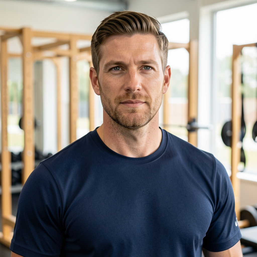 Thoughtful athletic coach standing in a bright functional training space with wooden equipment