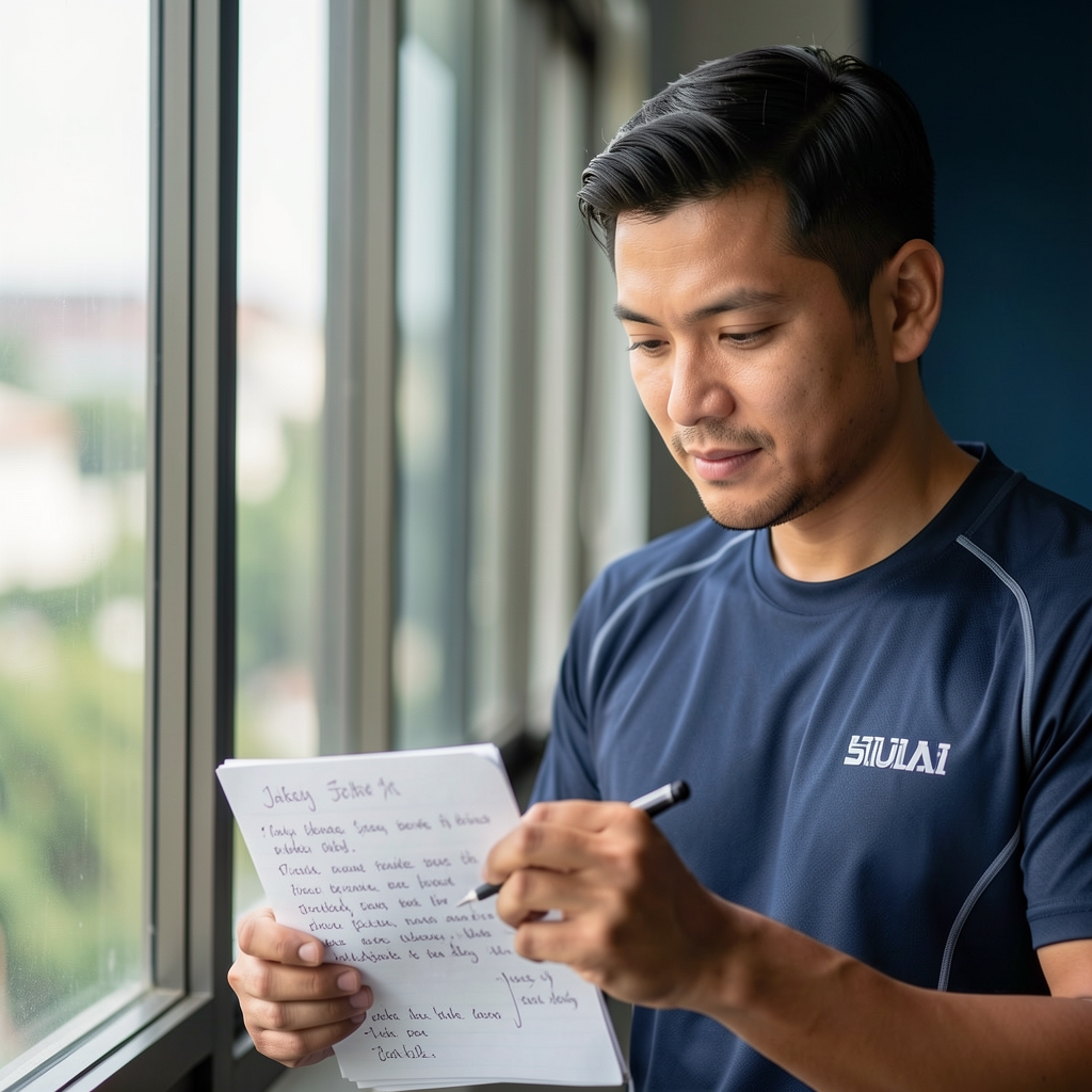 Coach and adult athlete reviewing handwritten training notes beside a window in Jakarta