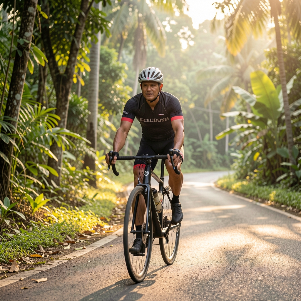 Male cyclist over 35 riding calmly along a leafy road during warm Indonesian morning light