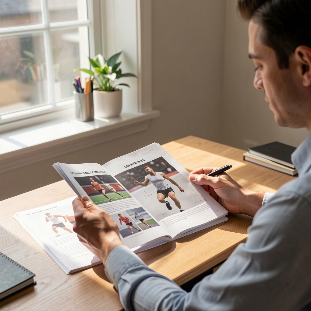 Editorial writer reviewing printed sports physiology pages at a sunlit desk
