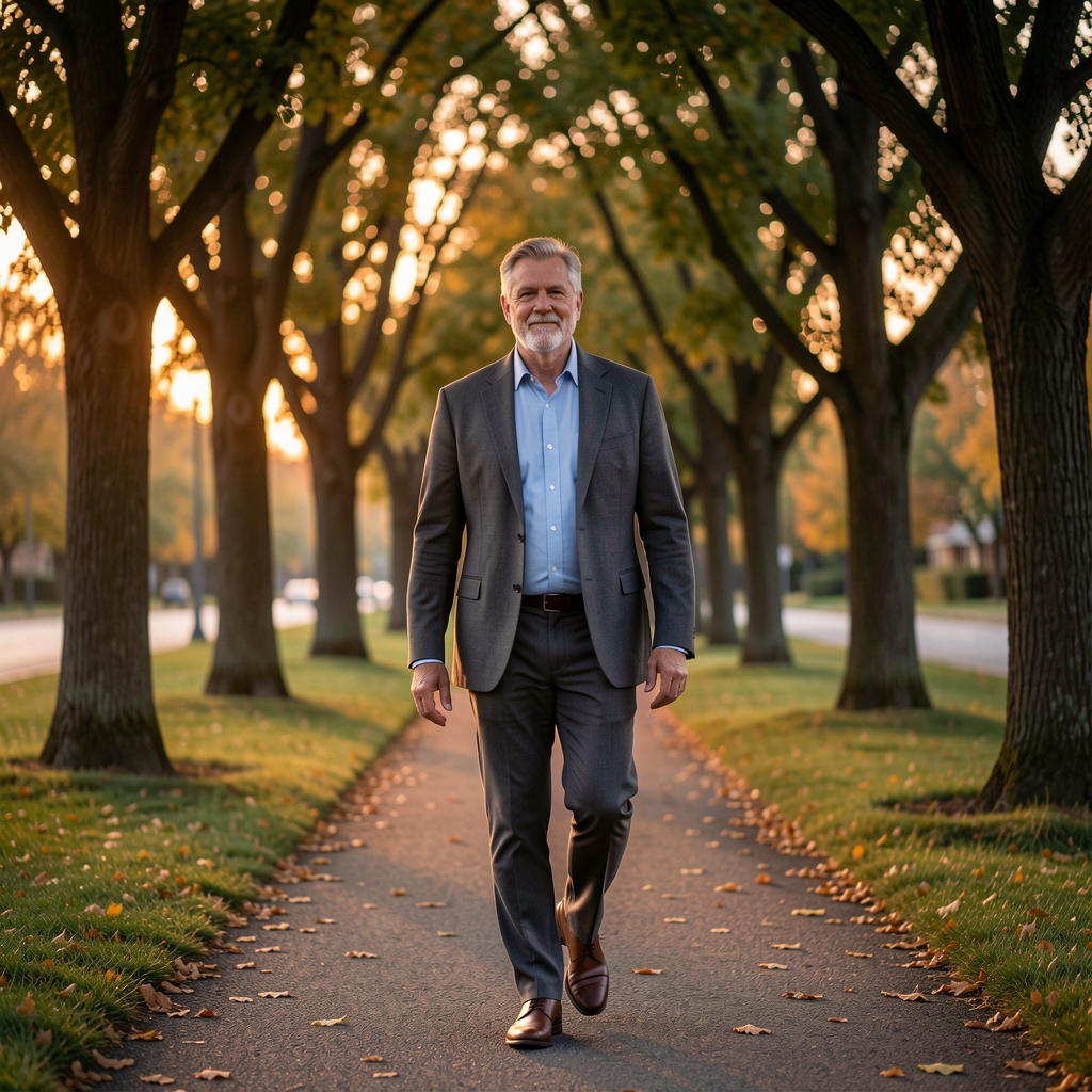 Mature man walking beneath trees at dusk after a workday
