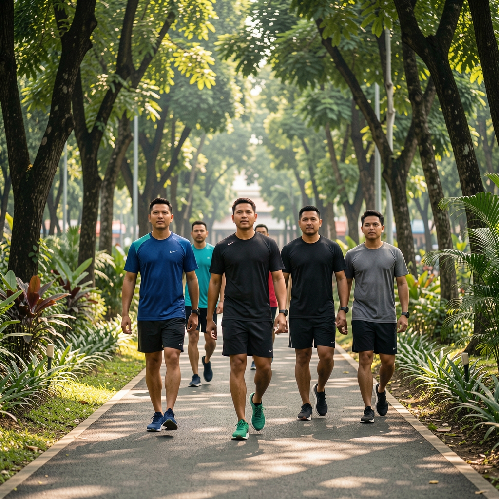 Small group of adult men walking together through a shaded Jakarta park after training