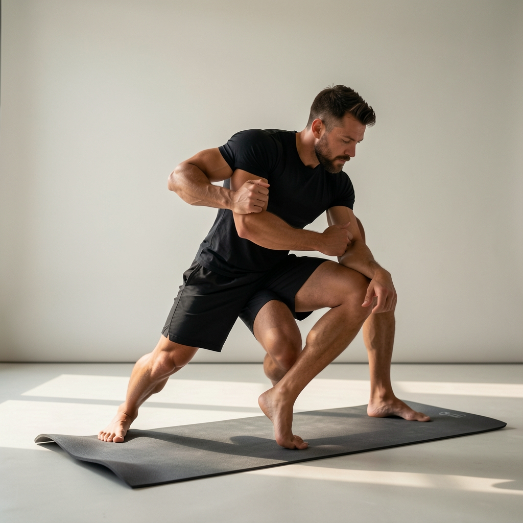 Adult athlete practicing controlled hip movement on a studio mat