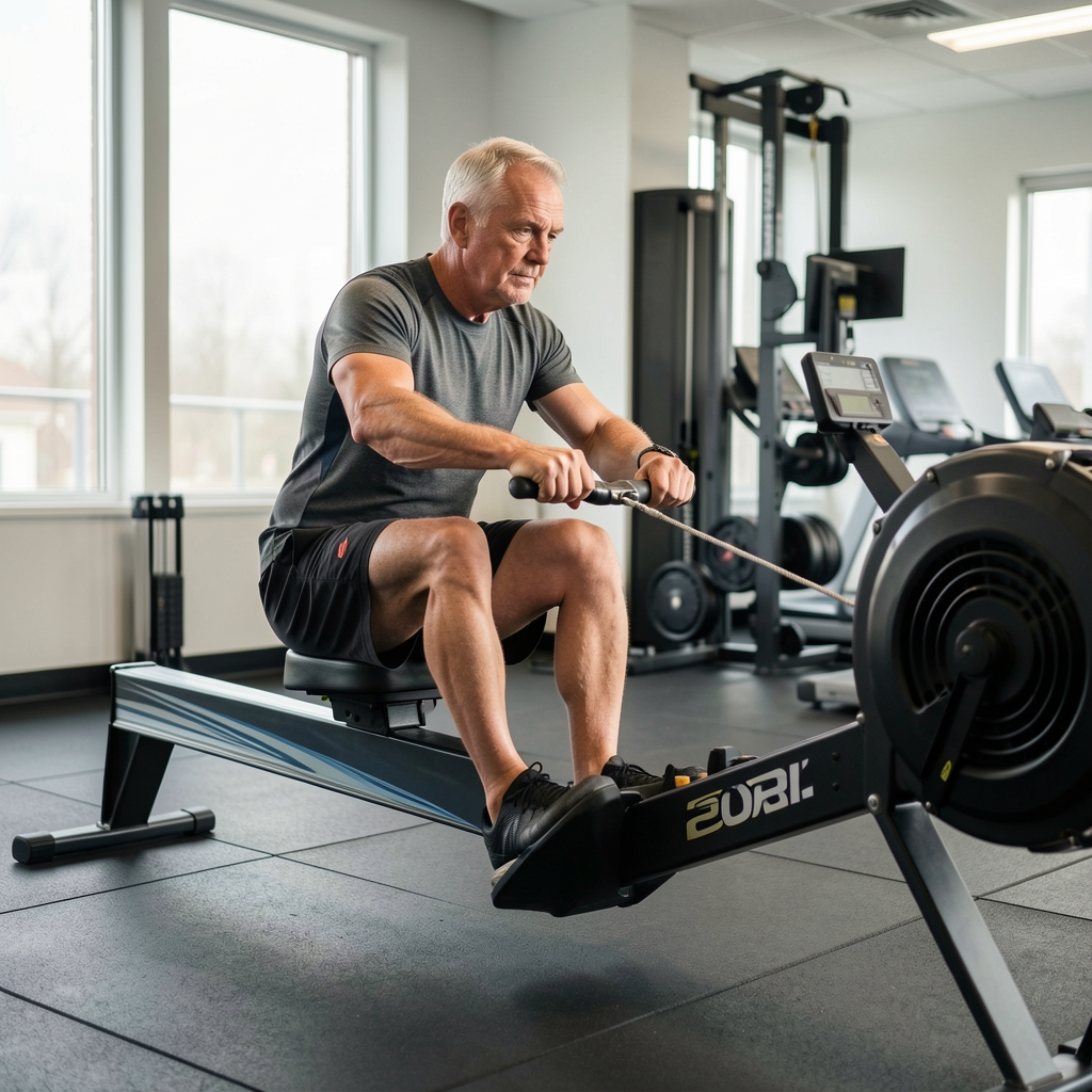 Mature athlete using a rowing machine with measured technique in a quiet indoor gym
