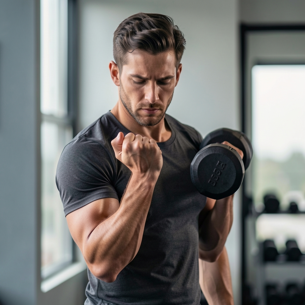 Adult athlete lifting a moderate dumbbell with clear controlled form
