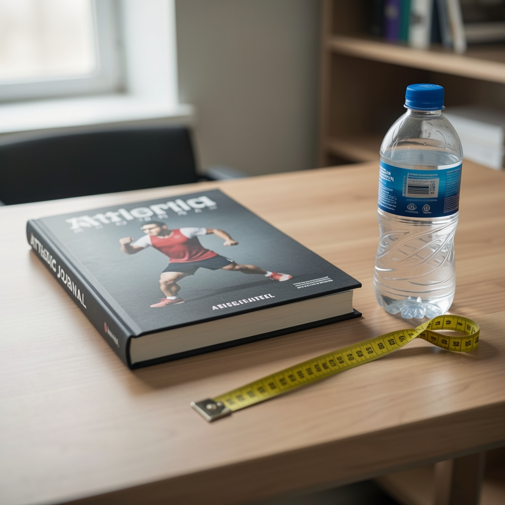 Athletic journal and simple measuring tape beside a water bottle on a desk