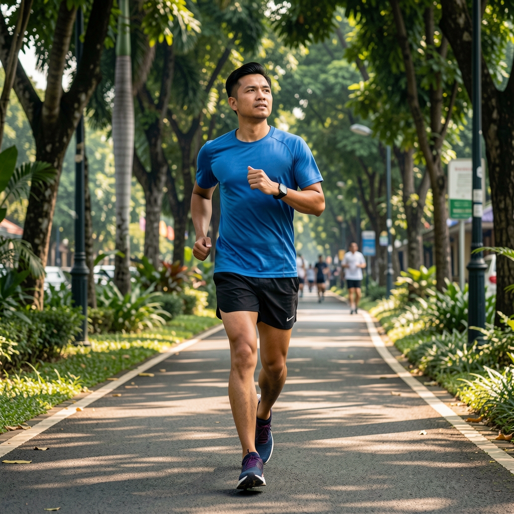 Runner over 35 on a shaded Jakarta path with thoughtful relaxed posture
