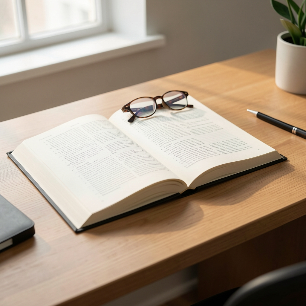 Editorial desk with open physiology book notebook and reading glasses in soft daylight