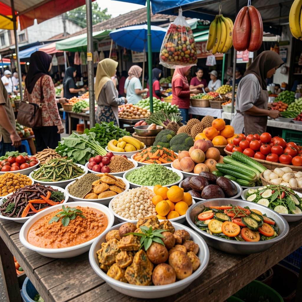 Colorful balanced foods and fresh produce arranged on a market table in Jakarta