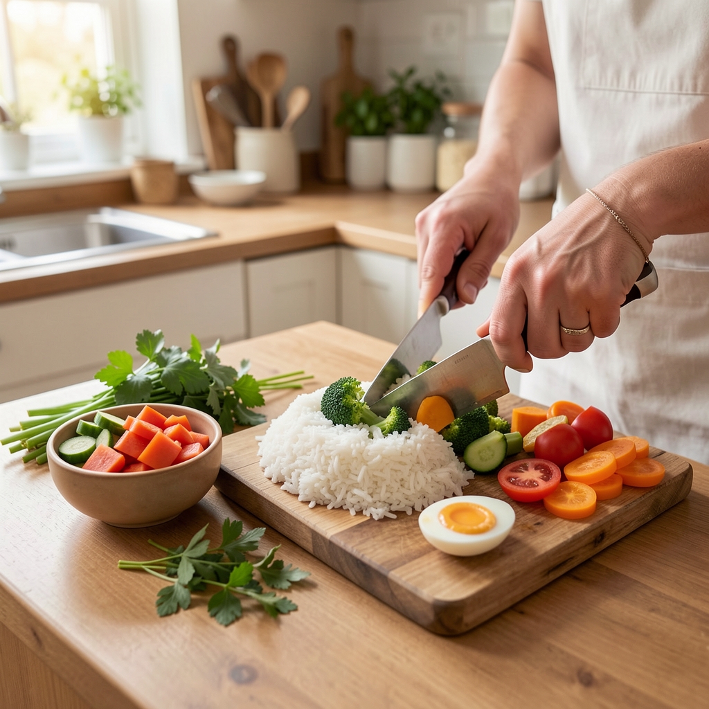 Simple meal preparation with rice vegetables eggs and herbs in a home kitchen