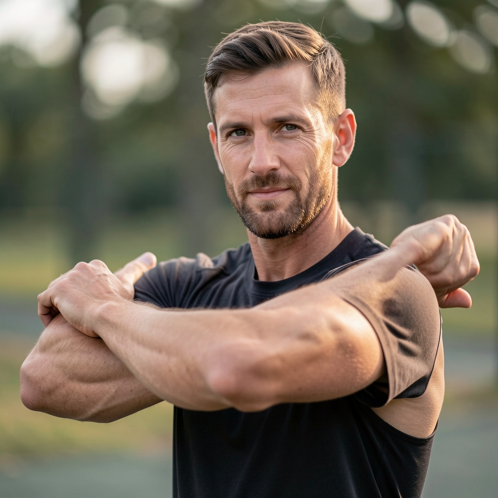 Coach guiding an adult athlete through a controlled shoulder mobility exercise