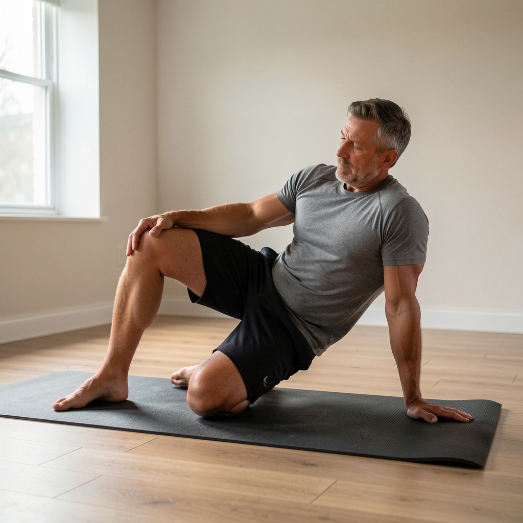 Athletic man over 35 performing a hip mobility exercise on a mat in a quiet room
