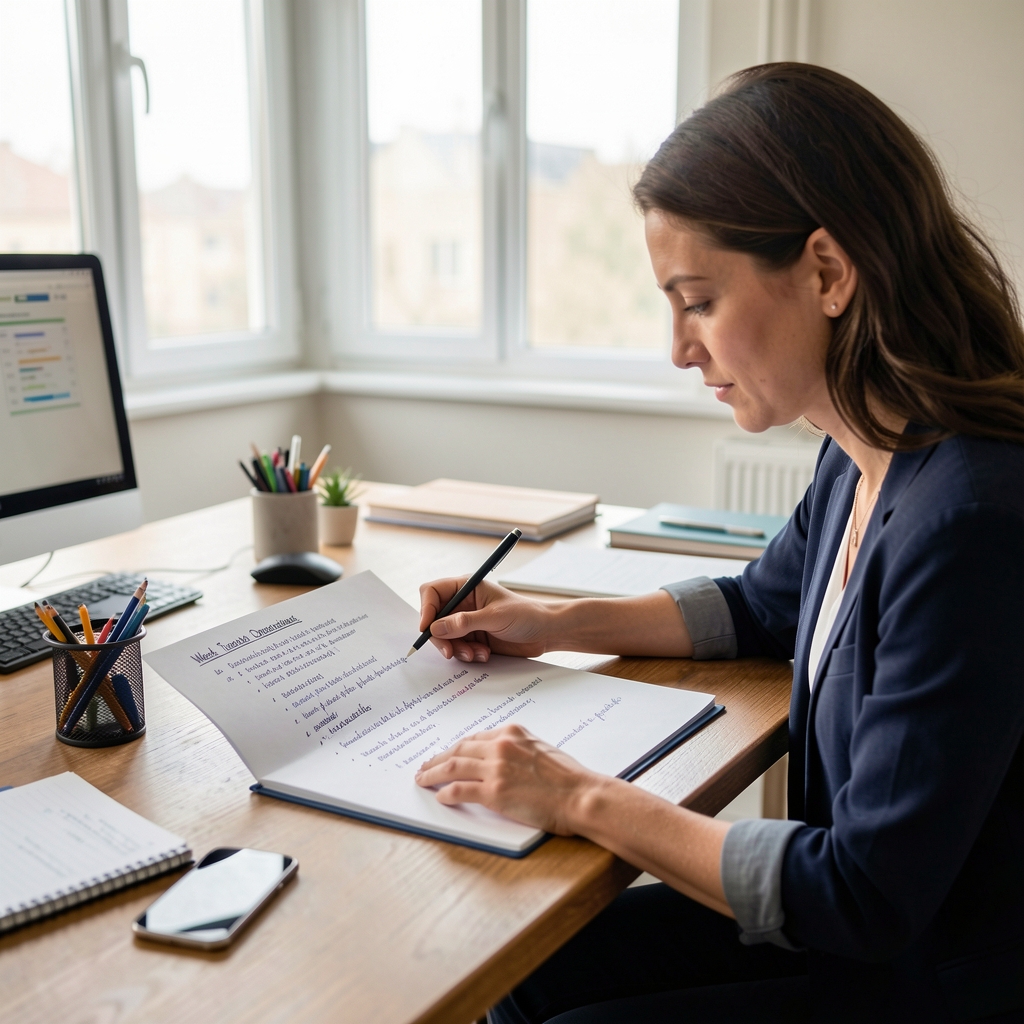 Person reviewing a week of handwritten training observations at a desk