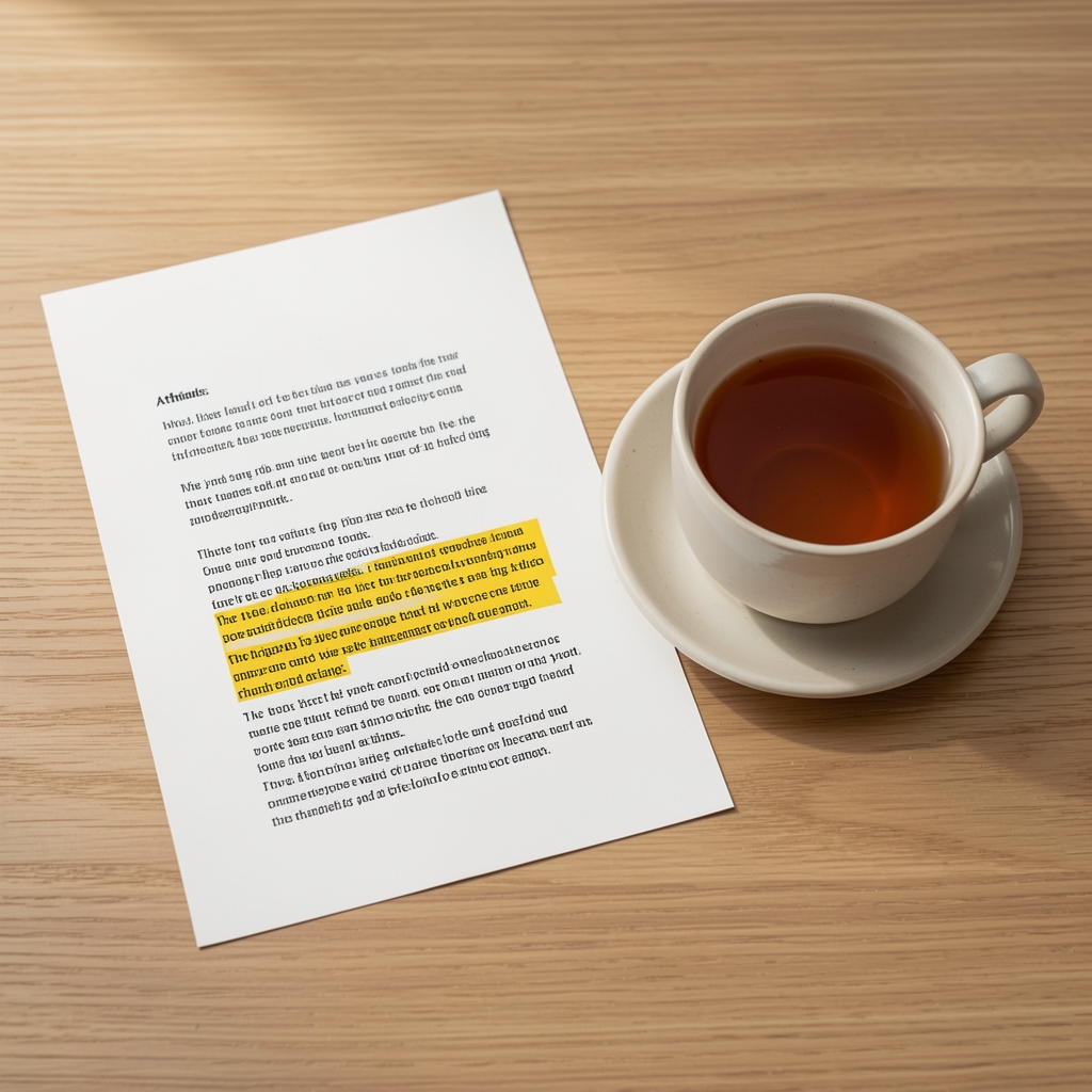 Printed athletic guide with highlighted passages beside a cup of tea
