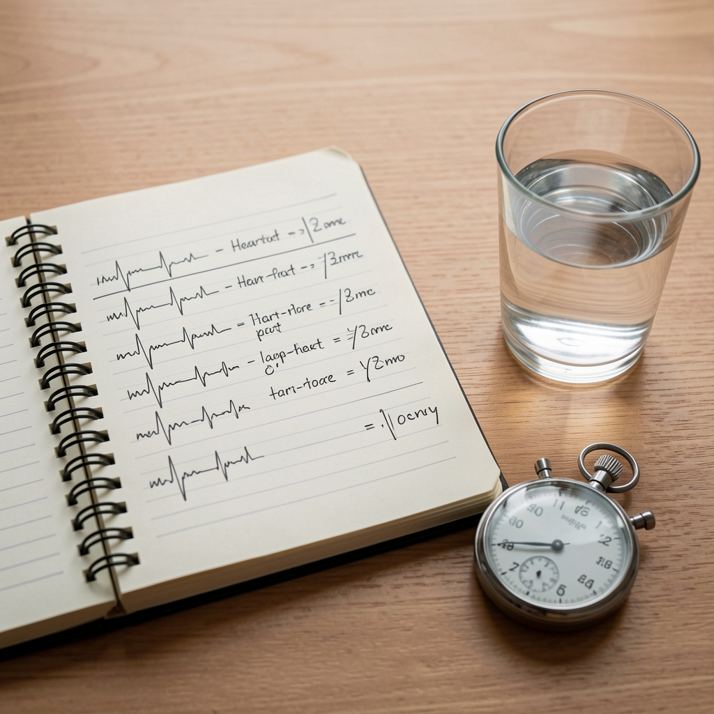 Notebook showing handwritten heart-rate observations beside a glass of water and stopwatch