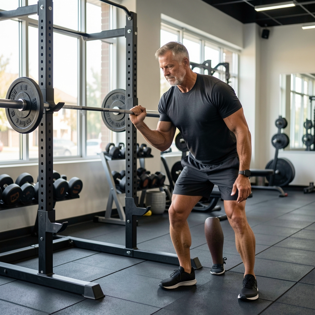 Mature male athlete preparing a moderate barbell session beside a squat rack in a natural-light gym
