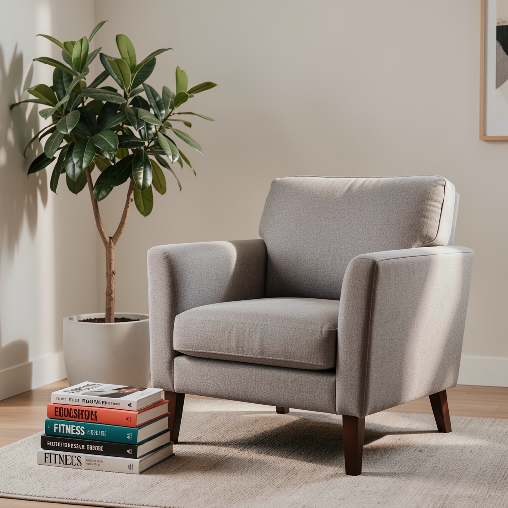 Comfortable reading chair beside a plant and a small stack of fitness books