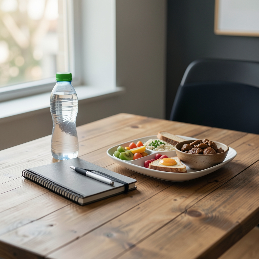 Calm athletic recovery scene with water bottle notebook and balanced meal on a wooden table