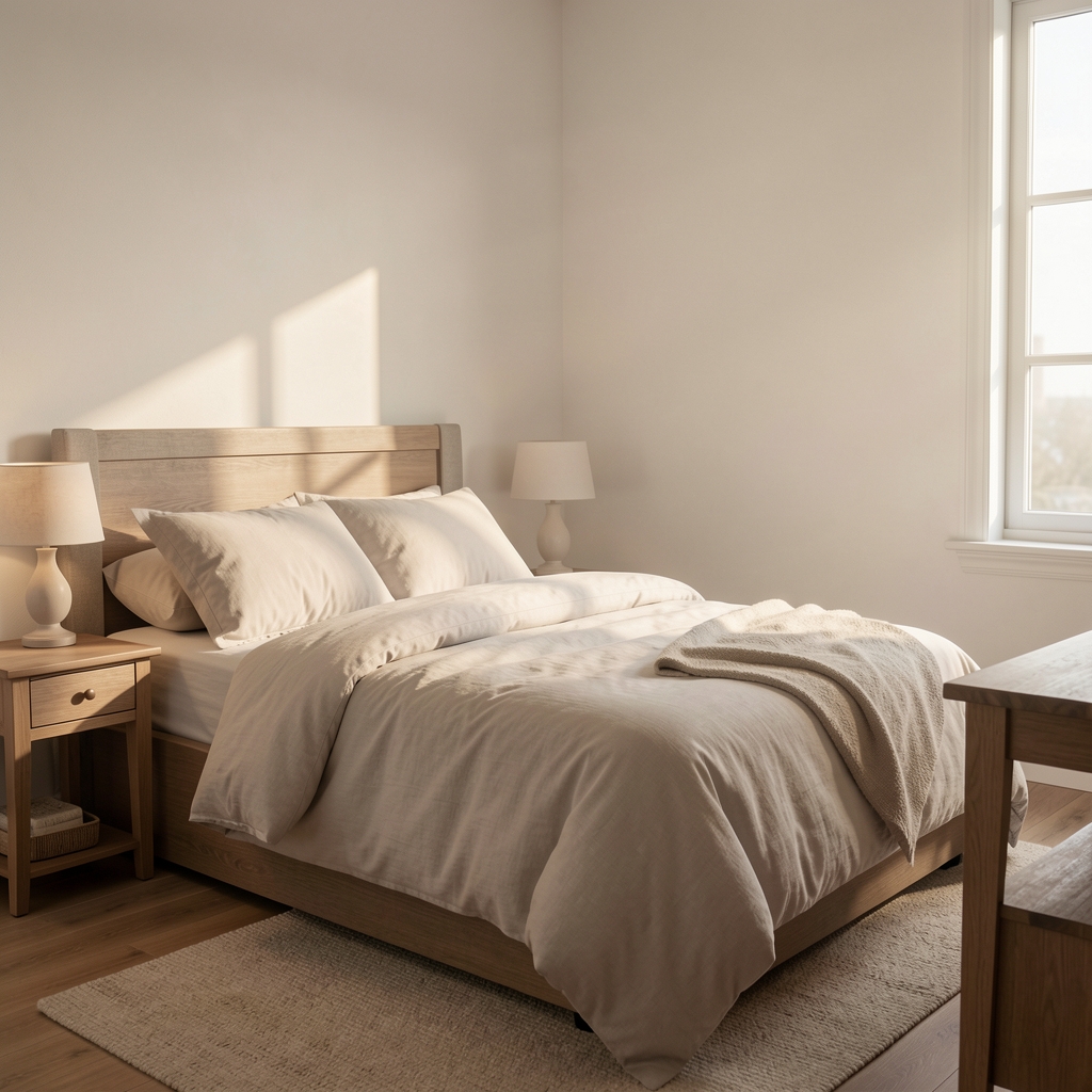 Quiet bedroom with morning light representing restorative sleep after training
