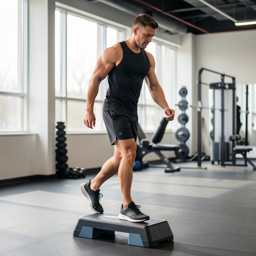 Adult athlete walking up a low step during a careful functional assessment