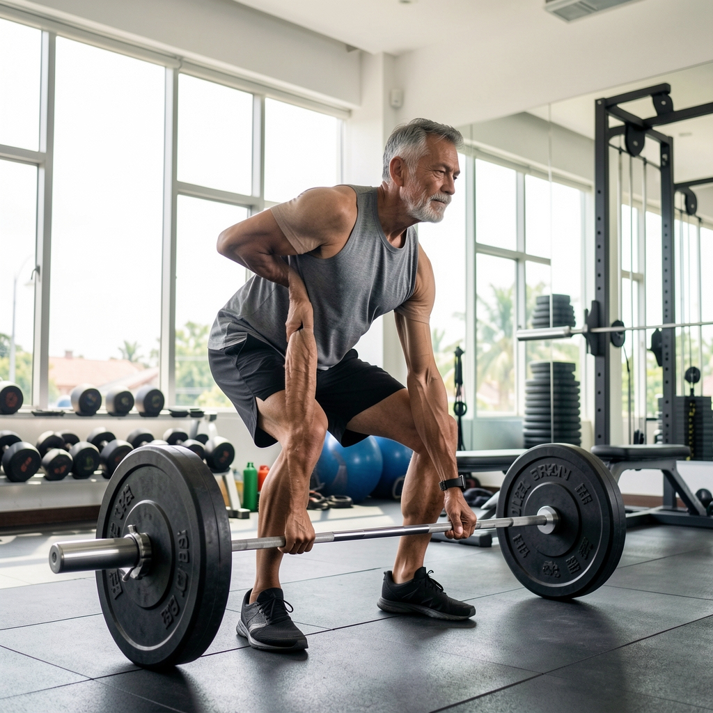Mature male athlete performing a controlled barbell movement in a bright Jakarta training studio