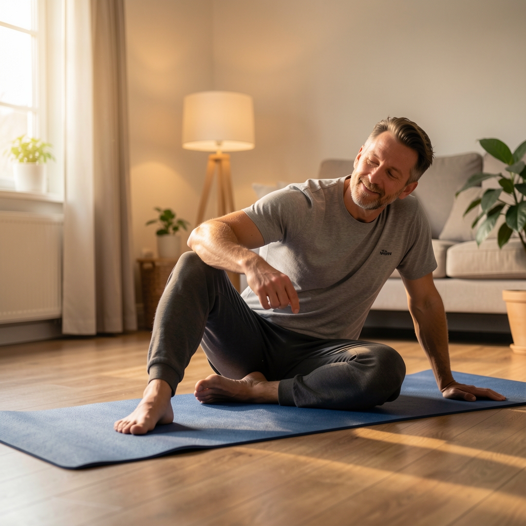 Adult man performing a relaxed evening stretch on a mat in a softly lit room