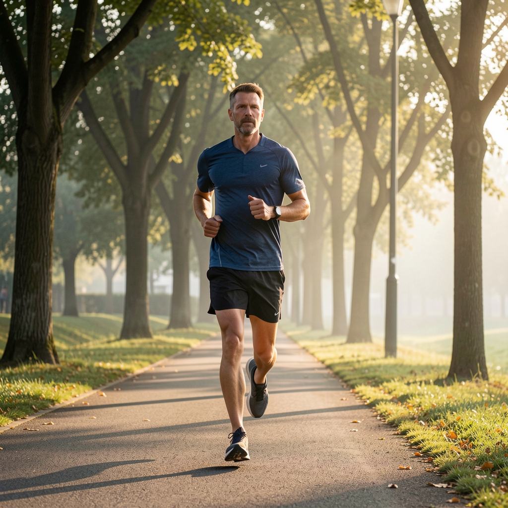 Male runner over 35 jogging beside a tree-lined track in early morning light