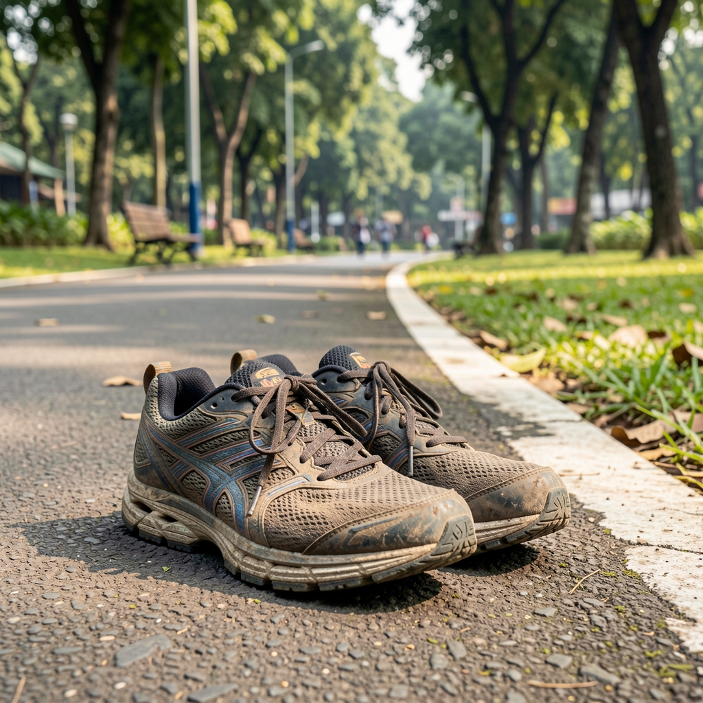 Well-worn running shoes placed beside a Jakarta park path after an easy walk