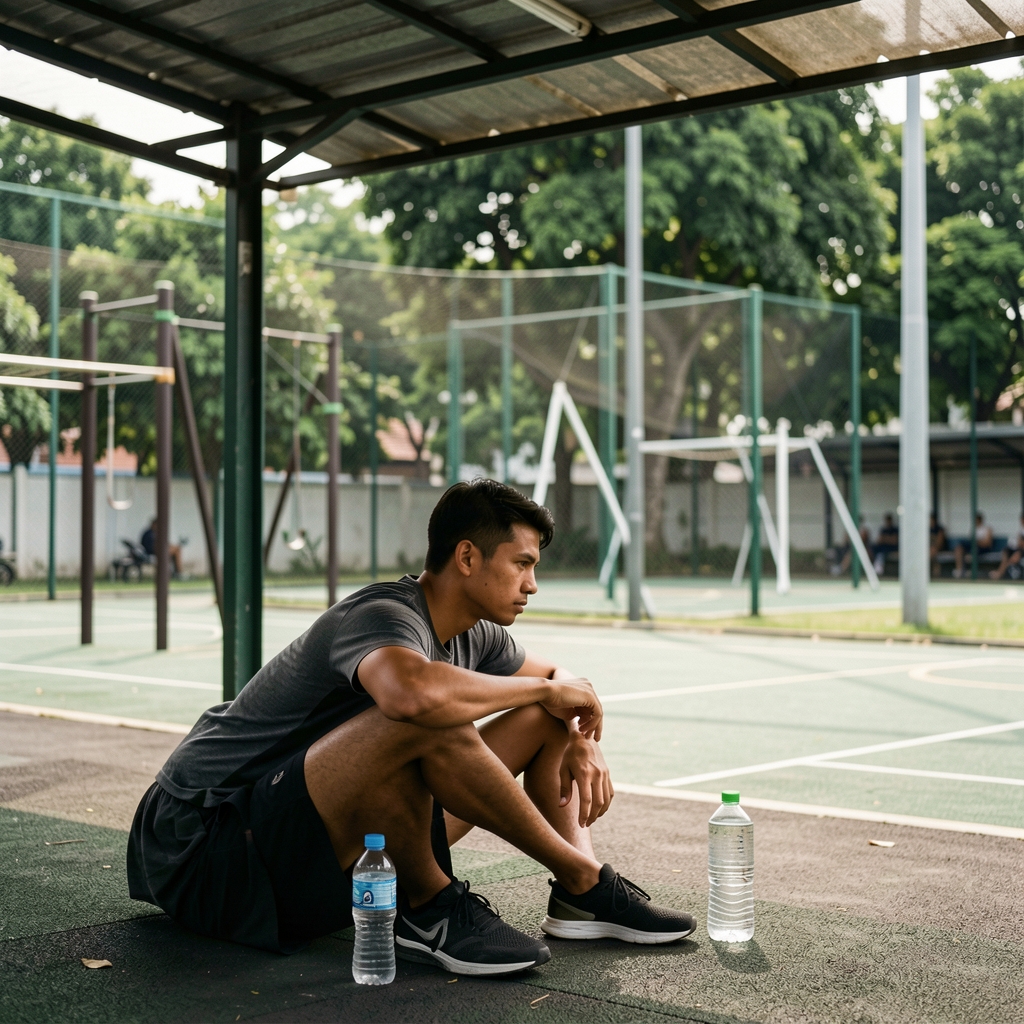 Athlete taking a water break beside a shaded outdoor training area in Jakarta